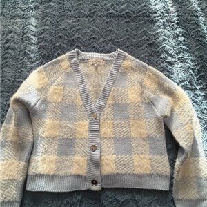 Cozy Check Plaid V-Neck Cardigan Sweater - Blue & Cream